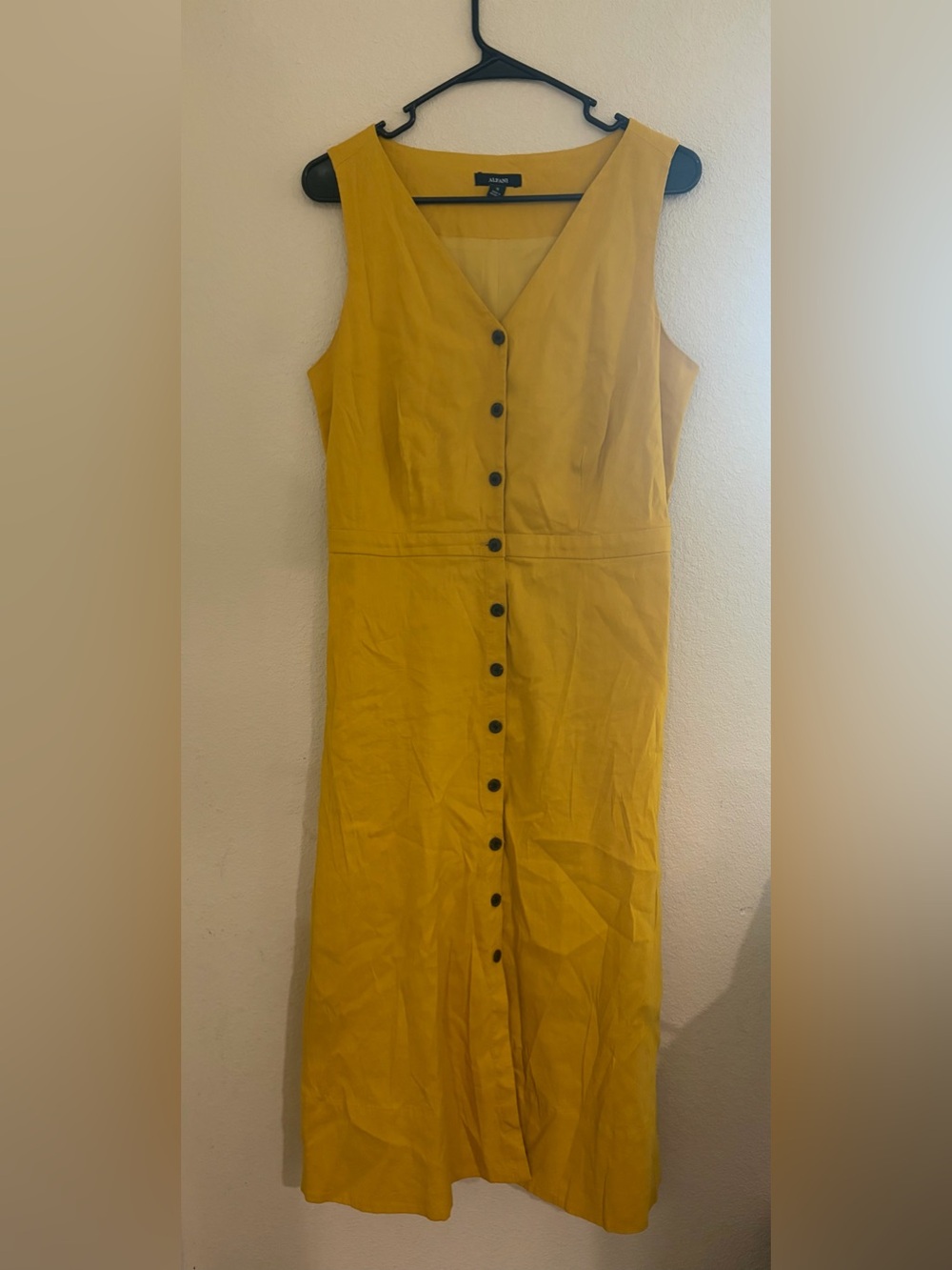 Linen Blend Mustard Yellow Button-Front Midi Dress - Picture 2 of 7
